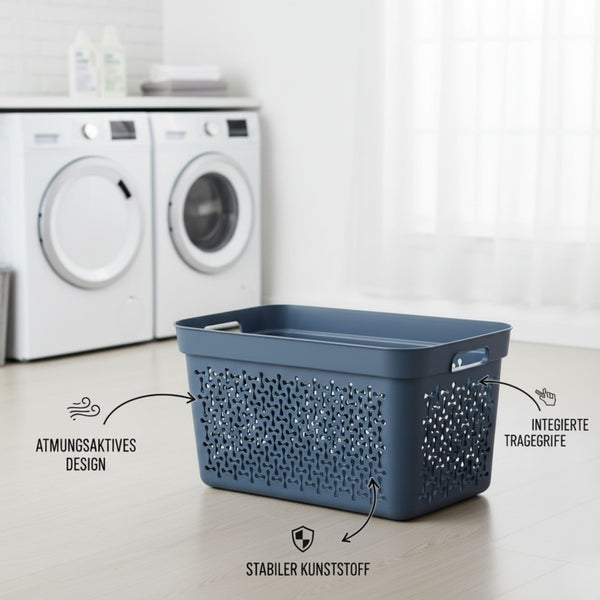 Wäschekorb aus Kunststoff mit atmungsaktivem Design und integrierten Tragegriffen