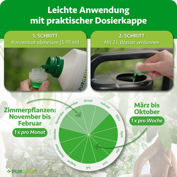 Anwendungshinweise und Dosierungskalender für Purgrün Pflanzendünger Konzentrat mit Dosierkappe.