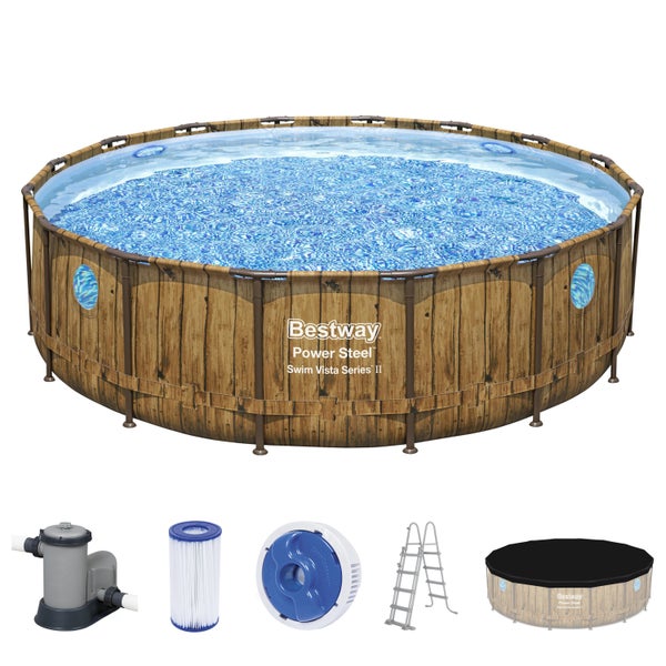 Bestway Power Steel Swim Vista Series II Frame Pool Set mit Filterpumpe, Leiter, Abdeckung und weiterem Zubehör