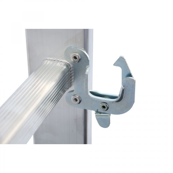 Detailansicht einer Gerüstverbindung mit Hakenmechanismus.