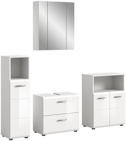 Vierteiliges Badezimmermöbel Set in Weiß mit dreitürigem Spiegelschrank, Hochschrank, Waschbeckenunterschrank und Kommode.