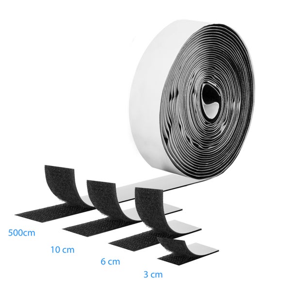 Eine Rolle Klettband mit selbstklebender Rückseite und verschiedenen vorgeschnittenen Klettstreifen in Längen von 3 cm bis 500 cm.