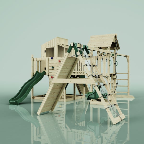 Großer Spielturm aus Holz mit Rutsche, Kletterwand, Schaukel und Spielhaus für den Garten