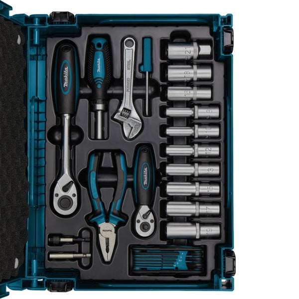 Makita Werkzeugsatz mit Schraubenschlüsseln, Schraubendrehern und Bits in einem Werkzeugkoffer
