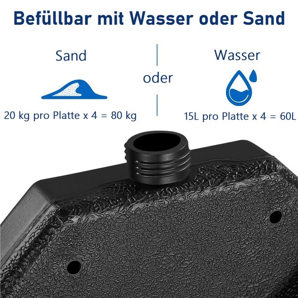 Befüllbare Schirmständerplatte aus schwarzem Kunststoff. Befüllbar mit 20 Kilogramm Sand oder 15 Liter Wasser pro Platte.
