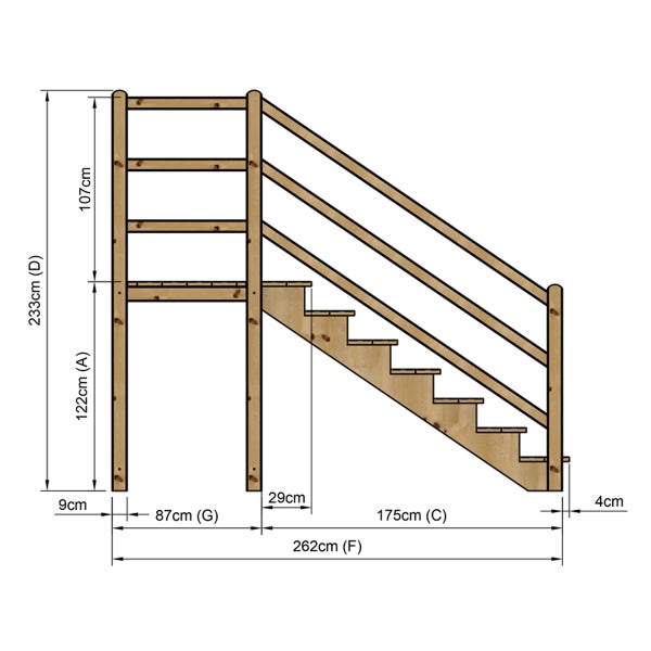Technische Zeichnung einer Holztreppe mit Maßangaben