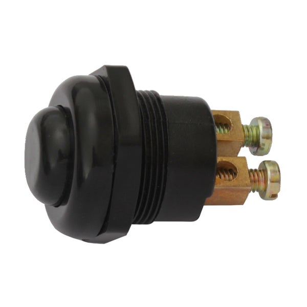 Schwarzer Einbau-Klingeltaster aus Kunststoff mit zwei Messing-Schraubanschlüssen.