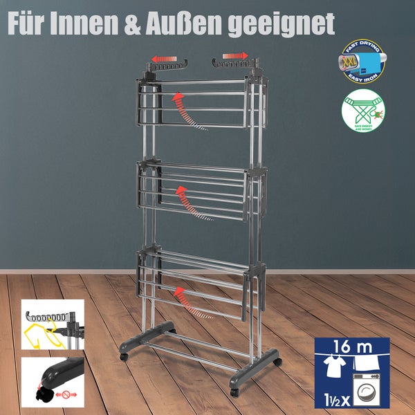 BigDean Wäscheständer Turm mit 3 Ebenen und 4 Rollen in Grau - Wäscheständer platzsparend für innen & außen