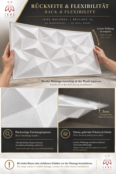 IKHE MALARKA Brylant XL 3D Wandpaneel mit geometrischem Muster aus Polystyrol zeigt die Rückseite und Montagehinweise zur Materialbeschaffenheit.
