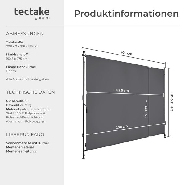Klemmmarkise tectake Taija leichtgängige Handkurbel verschiedene Größen dunkelgrau