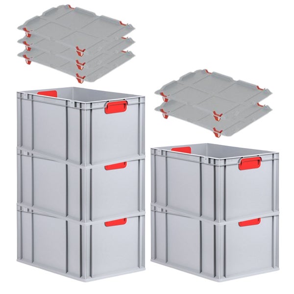 PROREGAL Spar Set 5x Eurobox Nextgen Color Mit Auflagedeckel & Schiebeschnappverschlüsse HxBxT 32 x 40 x 60 cm Griffe Rot Verstärkter Boden