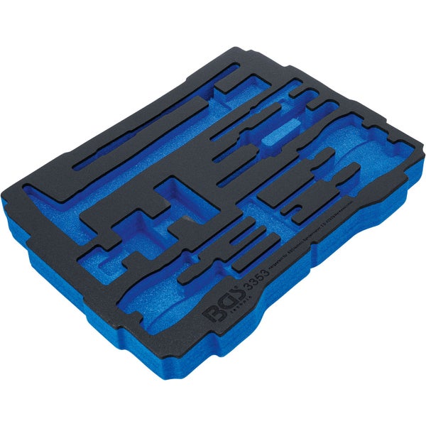 Blau-schwarze Schaumstoffeinlage für Werkstattwagen mit Aussparungen für ein Zangenset, BGS Technic Logo.