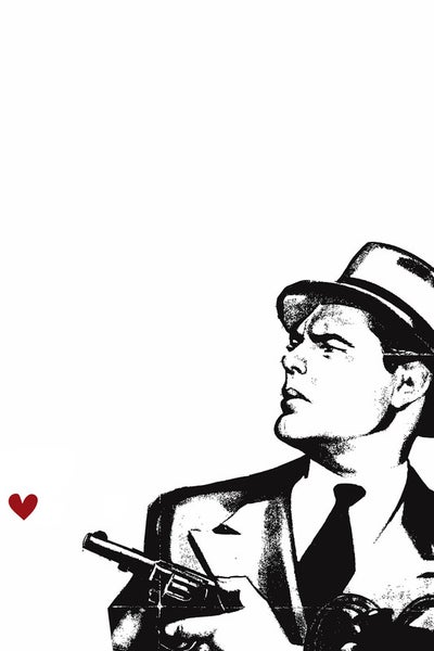 Illustration eines Mannes mit Hut, Anzug und Waffe mit einem kleinen roten Herzen.