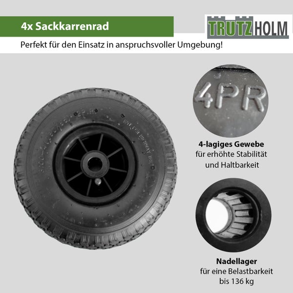 Set von vier Trutzholm Sackkarrenrädern mit vierlagigem Gewebe und Nadellager für eine Belastbarkeit bis 136 Kilogramm.