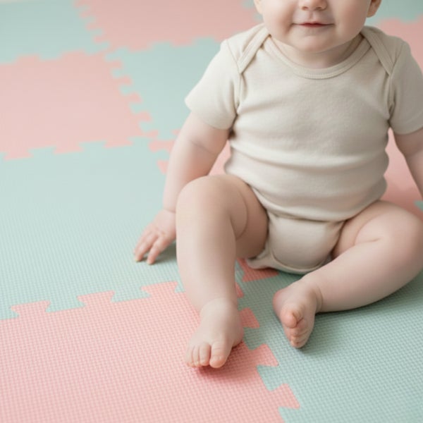 Baby sitzt auf einer Puzzlematte aus Schaumstoff mit strukturierter Oberfläche.