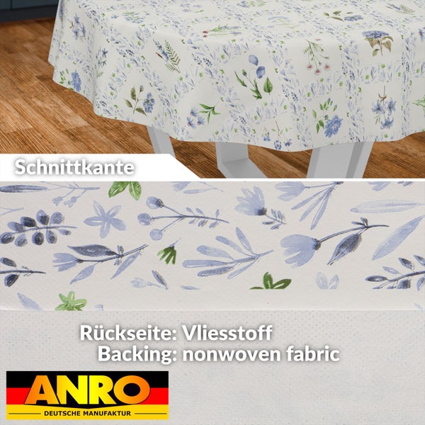Abwaschbare Tischdecke mit Blumenmuster, Detailansicht der Schnittkante und der Rückseite aus Vliesstoff, ANRO Logo.