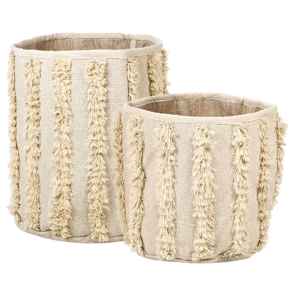 Zwei dekorative Stoffkörbe mit Fransen