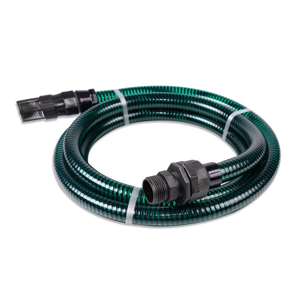 Grüne Sauggarnitur mit Spiralschlauch, schwarzen Anschlüssen und Saugkorb.