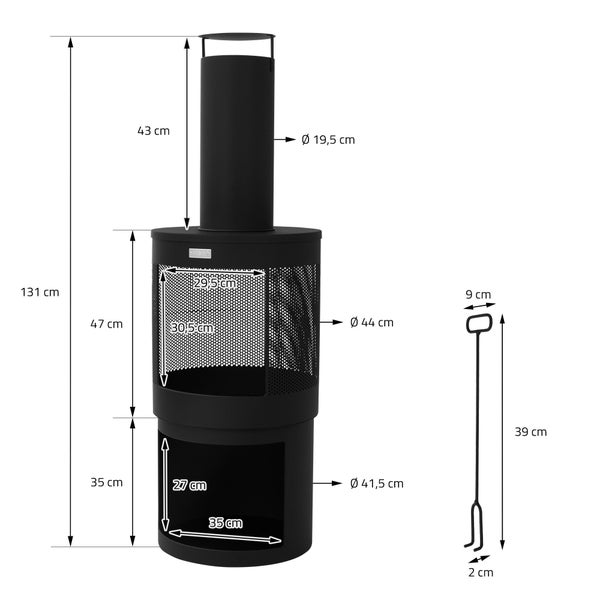 Schwarzer Metall-Terrassenofen mit Maßen: Höhe 131 Zentimeter, Durchmesser 44 Zentimeter, inklusive Schürhaken und Holzfach.