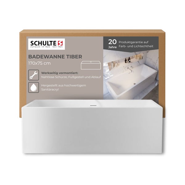 Schulte Tiber Badewanne, 170x75 cm, werkseitig vormontiert mit nahtloser Schürze, Fußgestell und Ablauf, hergestellt aus Sanitäracryl, mit 20 Jahren Produktgarantie auf Farb- und Lichtechtheit