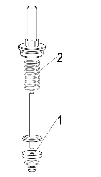 Explosionszeichnung eines Ventilmechanismus mit Feder, Dichtung und Stift.