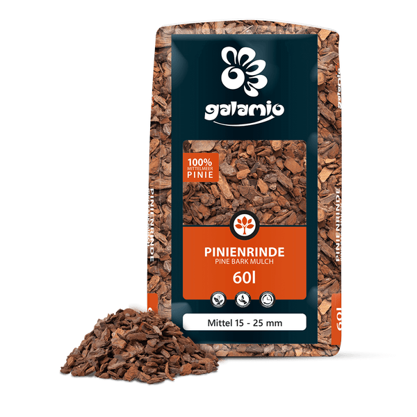 galamio Pinienrinde 100 Prozent Mittelmeer-Pinie, Körnung 15 bis 25 Millimeter, 60 Liter Sack mit Mulch, schützt vor Unkraut und Austrocknung.