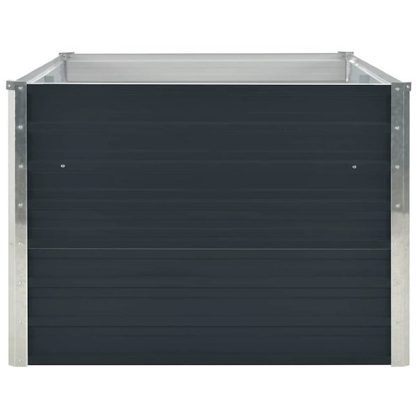 Rechteckiges Hochbeet aus Metall in Anthrazit mit horizontaler Wellenstruktur und silbernen Eckprofilen.
