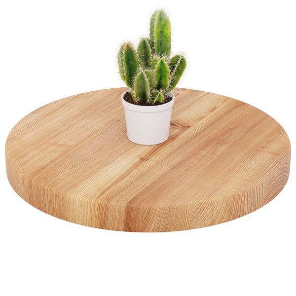 Runde Holzplatte aus Massivholz mit sichtbarer Maserung und einem Kaktus im Topf.