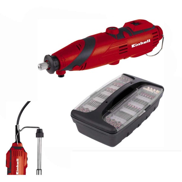 Einhell Schleif- und Gravur-Set mit Multifunktionswerkzeug, biegsamer Welle und umfangreichem Zubehör im Aufbewahrungskoffer.