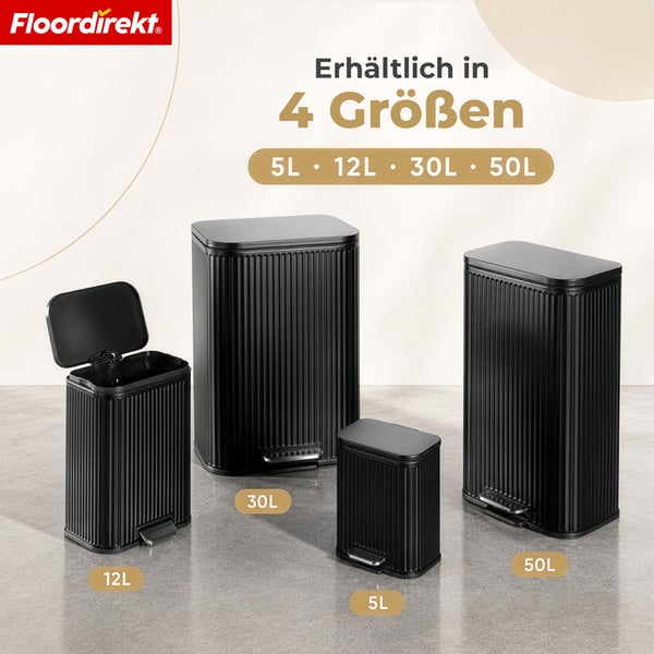 Floordirekt Logo. Vier Tretmülleimer in den Größen 5 Liter, 12 Liter, 30 Liter und 50 Liter mit geriffelter Oberfläche und Fußpedal.