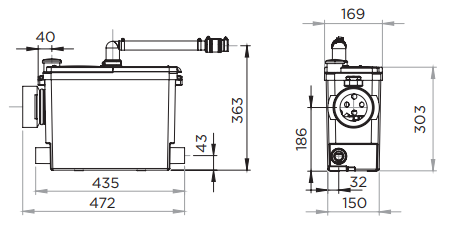 Technische Zeichnung mit Maßen einer Hebeanlage in der Front- und Seitenansicht mit detaillierten Maßangaben.
