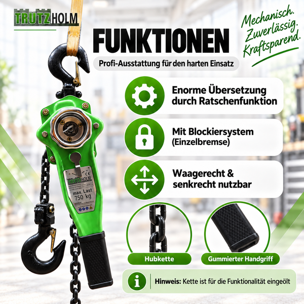 Trutzholm Hebelzug mit Ratschenfunktion und 750 Kilogramm Tragkraft inklusive Hubkette und gummiertem Handgriff für den gewerblichen Einsatz.