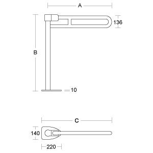 Maßzeichnung für einen Stützklappgriff mit Bodenstütze mit Angaben zu den Dimensionen A, B und C in Millimeter.