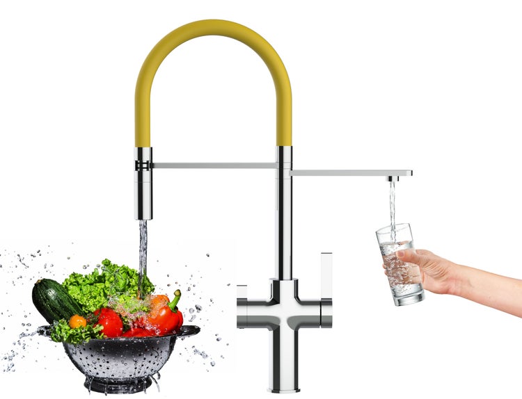 NIEDERDRUCK 3 Wege Wasserhahn Küchenarmatur, FC, mit 360° schwenkbarem Auslauf, abnehmbare 2 strahl Handbrause, Verchromt / Gelb