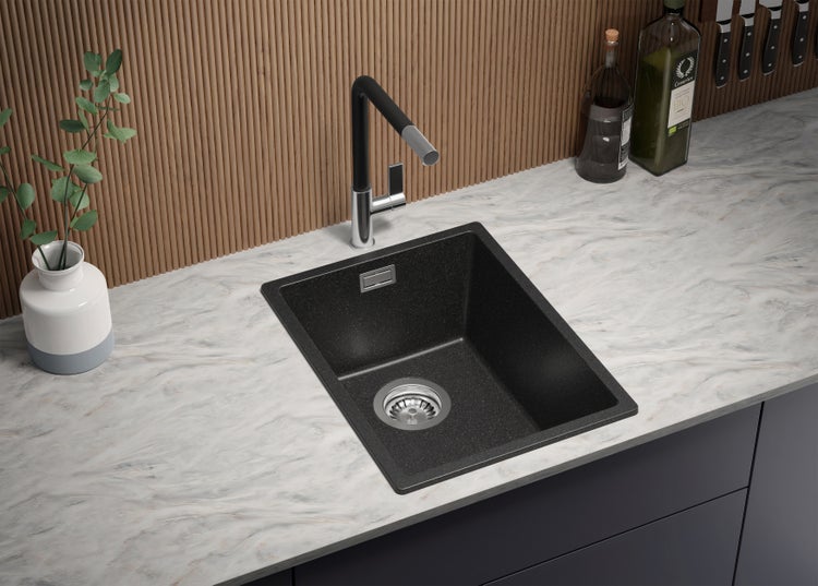 PRIMAGRAN Granitspüle Anthrazit 36x47cm, Spülbecken 1 Becken + Küchenarmatur 32x20cm + Ablauf-Set, Küchenspüle ab 40er Unterschrank - London Slim