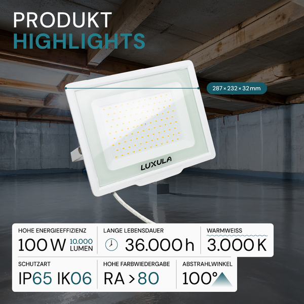 Luxula LED-Fluter mit den Maßen 287 x 232 x 32 Millimeter, 100 Watt Leistung, 10000 Lumen Lichtstrom, 36000 Stunden Lebensdauer, 3000 Kelvin Farbtemperatur, IP65 Schutzart, IK06 Stoßfestigkeit, Farbwiedergabeindex größer 80 und 100 Grad Abstrahlwinkel