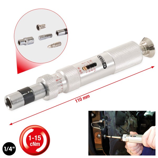 Drehmoment-Schraubendreher mit verschiedenen Aufsätzen und einer Länge von 110 mm