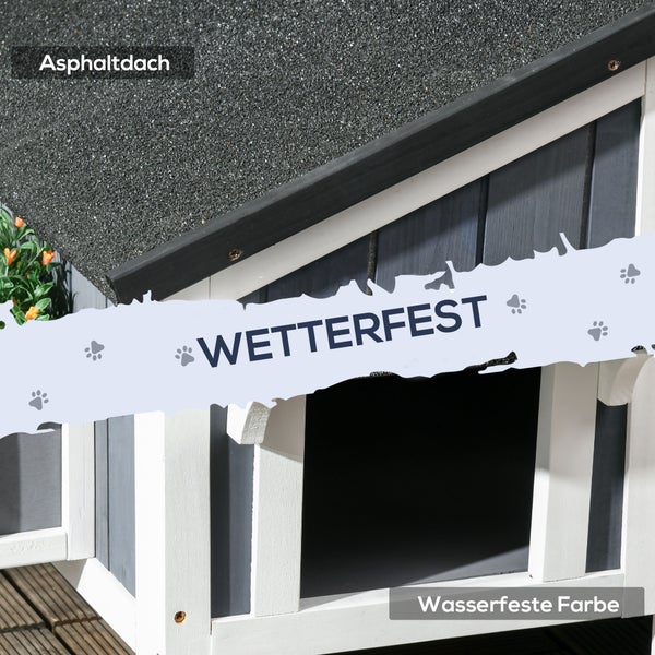 PawHut Katzenhaus aus Holz, Winterfest Katzenhütte mit mehreren Eingängen, 2 Etagen, Katzenhöhle für draußen, Kleintierhaus mit Asphaltadach, Blumenkasten für Draußen Garten, 96 x 65 x 85,5 cm, Grau