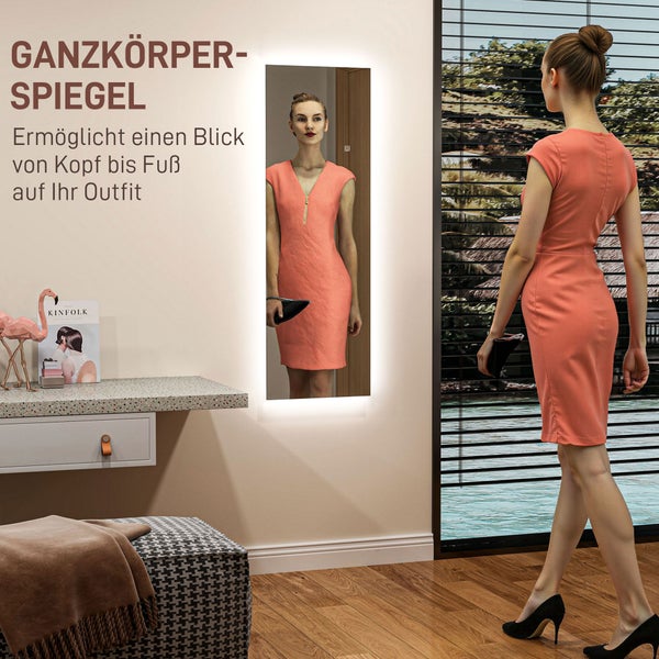 HOMCOM Ganzkörperspiegel 40 x 120 cm Standspiegel mit LED Lichte, Wandspiegel mit Touch-Steuerung, rahmenlos Bodenspiegel, für Schlafzimmer, Wohnzimmer