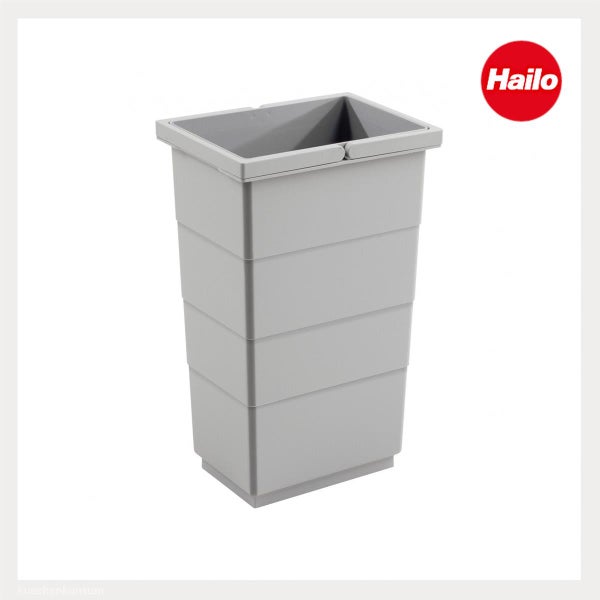 Grauer Kunststoff Abfalleimer für Mülltrennungsysteme und Hailo Logo.