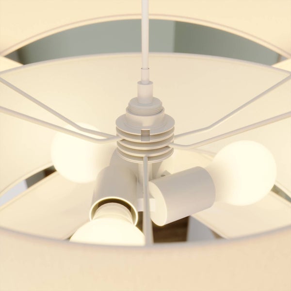 Detailansicht der Innenseite einer Pendelleuchte mit drei Fassungen und leuchtenden Glühbirnen im weißen Lampenschirm.