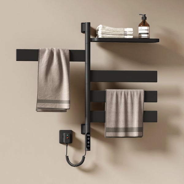 EMKE Elektrischer Badheizkörper mit drehbarem Handtuchhalter und Ablage, Thermostat, WiFi-App- und Sprachsteuerung, Timer – 76 x 450 x 140 mm, Schwarz,125W