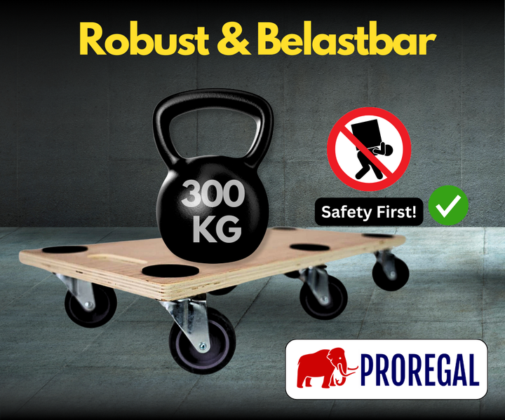 Transportroller aus Holz mit einer Traglast von 300 Kilogramm, Proregal Logo, Hinweis zur Arbeitssicherheit.