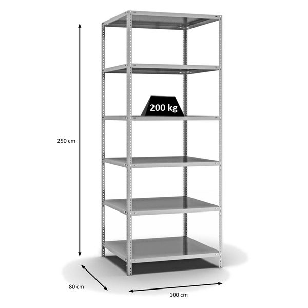 PROREGAL Fachbodenregal Schraubsystem Medium-Duty Grundregal HxBxT 250 x 100 x 80 cm 6 Ebenen Fachlast 200 kg Beidseitig Nutzbar Verzinkt