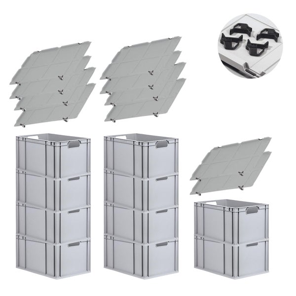 PROREGAL Spar Set 10x Eurobox Nextgen Economy Mit Auflagedeckel & 4x Schiebeschnappverschlüsse Schwarz Griffe Offen HxBxT 32 x 40 x 60 cm 65 Liter