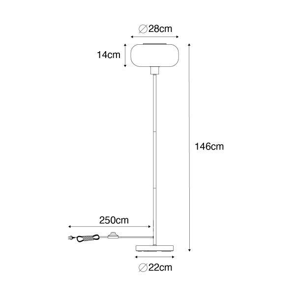 Technische Zeichnung einer Stehlampe mit den Maßen 146 cm Höhe, 28 cm Lampenschirmdurchmesser, 14 cm Lampenschirmhöhe, 22 cm Basisdurchmesser und 250 cm Kabellänge