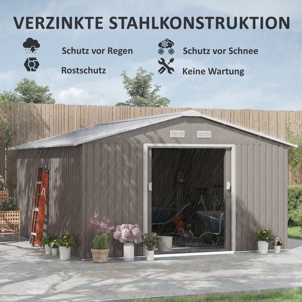 Outsunny Gerätehaus 12,4 m², Gartenhaus mit Pultdach, Schiebetür, Fundament, 386 x 340 x 200 cm, Geräteschuppen aus Verzinkter Stahl, wetterfest, für Garten, Hellgrau