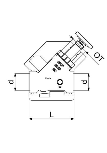Technische Zeichnung eines Schrägsitzventils mit Maßangaben für Durchmesser, Länge und Höhe, beschriftet mit DN 50 und DIN Normen.