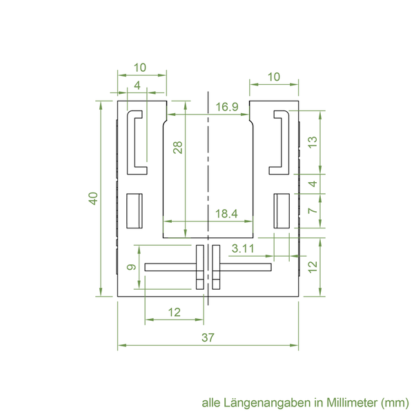 Technische Zeichnung mit Maßangaben eines Bauteils in Millimeter zur Montage oder Konstruktion.