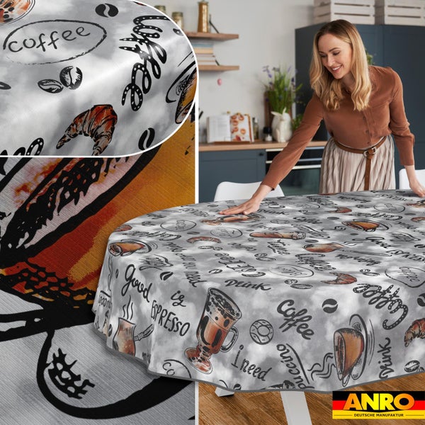 Abwaschbare Wachstischdecke mit Kaffee-Motiven wie Tassen, Bohnen und Croissants, ANRO Logo.